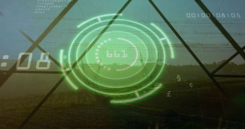 Neon Green HUD Over Farmland and Power Pylons with Futuristic Augmented Reality Interface