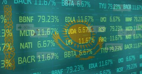 Golden kazakhstan emblem overlaying stock market dashboard with tickers and percentages