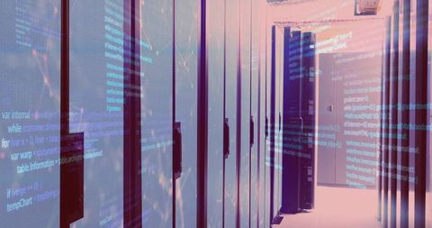 Server rack corridor reflecting blue-magenta leds with floating code overlay