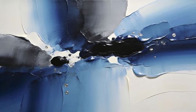 Blue impasto canvas flowing with deep navy seam and metallic accents
