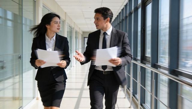 Professionals walking and exchanging documents in modern glass corridor, corporate teamwork focus