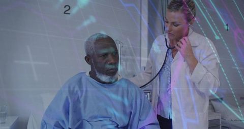 Female clinician auscultating senior patient with stethoscope, digital data overlay