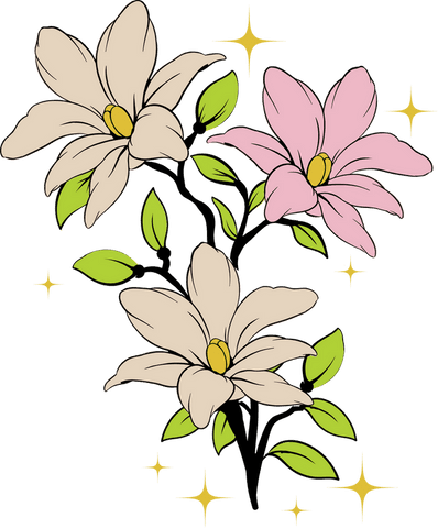 Transparent magnolia blossoms with gold sparkles illustration