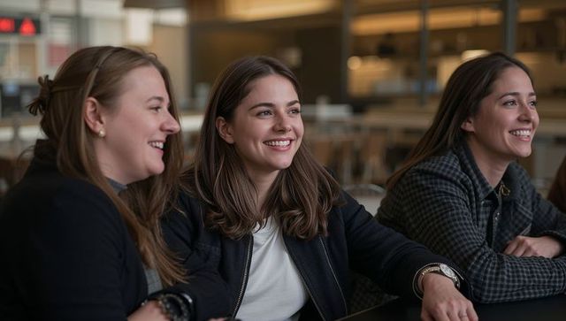 Three young women smiling and chatting in campus lounge during casual study break
