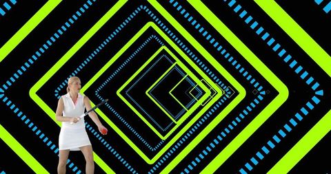 Young female tennis player practicing in a visually striking digital neon tunnel with bright geometric patterns in the background. The image conveys a blend of traditional sports with modern digital aesthetics. Ideal for use in sports promotions, digital interfaces, athletic gear advertisements, and futuristic concepts.