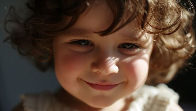 Curly-Haired Toddler Smiling in Warm Window Light Close-Up Portrait of Innocent Joy