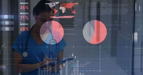Nurse Analyzing Healthcare Data with Digital Interface in Hospital Corridor