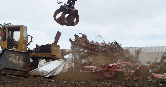 This image depicts an industrial scrap yard where a crane with a grabber claw is seen operating amongst heaps of metal scrap and debris. Useful for illustrating concepts related to recycling, waste management, industrial operations, or environmental protection. Ideal for use in articles, presentations, or websites discussing industrial recycling processes or urban waste management systems.