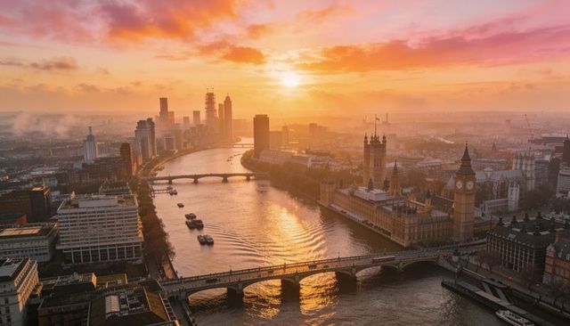 Sunset over river thames showing elizabeth tower, westminster bridge and gliding boats