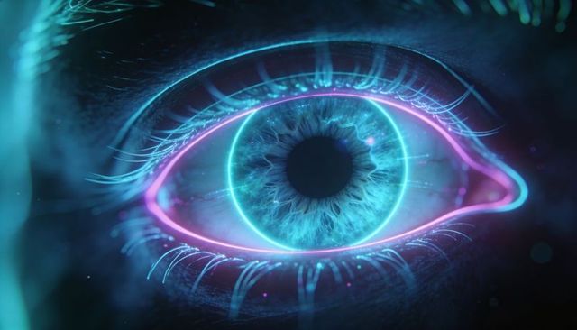 Glowing neon cybernetic eye revealing biometric iris and futuristic digital interface