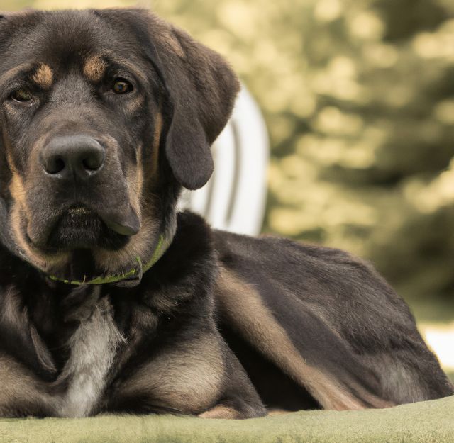 Black and brown dog is calmly resting on a green lawn, offering a serene and peaceful portrait. The dog's relaxed demeanor with a blurred, natural background makes this ideal for themes related to pets, relaxation, outdoor lifestyle, and nature. Perfect for websites or campaigns promoting animal care, outdoor activities, or stress reduction.