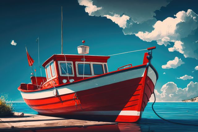 Image of red boat at bridge on sea over blue sky, created using generative ai technology. Transport, travel and boat, digitally generated image.