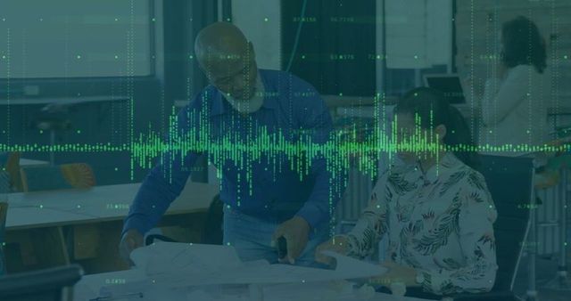 Teamwork on Blueprints in Modern Office Environment