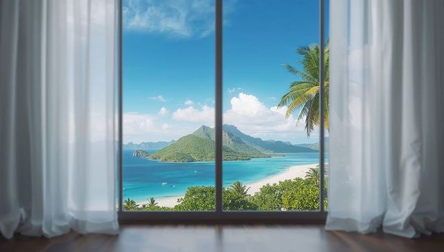 Scenic Tropical Bay Viewed Through Modern Living Room Window