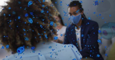 Masked clinical consultation with curly patient and microbe overlay showing infection risk