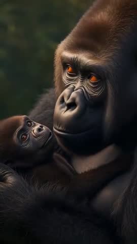 Mother gorilla cradling infant in forest showing gentle maternal bonding vertical video