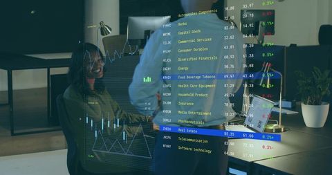 Man pointing ar overlay to colleague, augmented stock tickers and candlestick charts