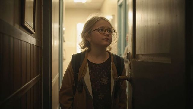 Preteen girl pausing in hallway doorway wearing glasses and backpack in soft light