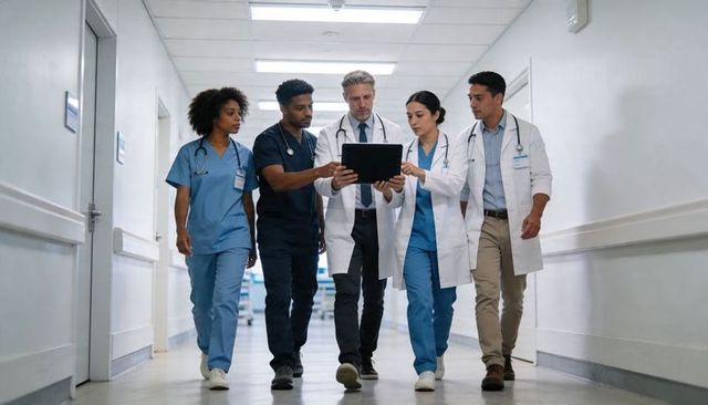 Multidisciplinary medical team walking and consulting tablet in hospital corridor