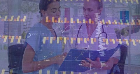 Healthcare professionals analyzing clinical data with digital overlay