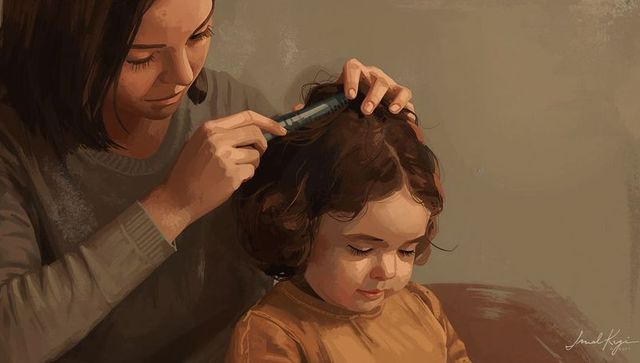 Mother combing child hair in tender domestic moment warm painterly brushstroke style