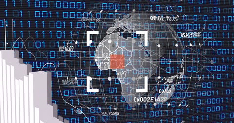 Digital Globe with Data Processing and Binary Code Overlay