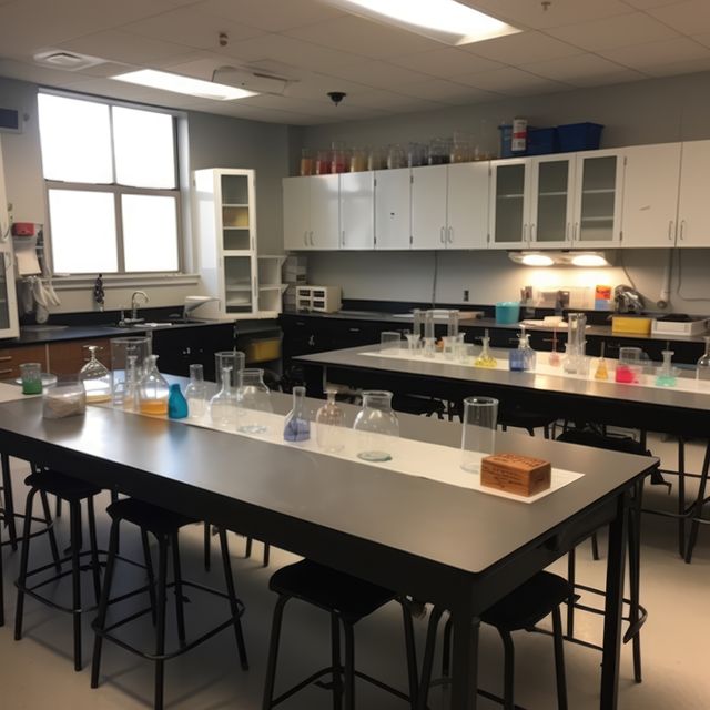 Image of a contemporary science laboratory featuring various types of glassware on tables. Suitable for illustrating educational content, promoting science programs, or featuring science-related articles.