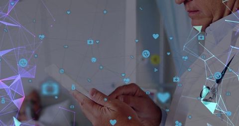 Doctor Using Tablet with Medical Technology Interface Overlay