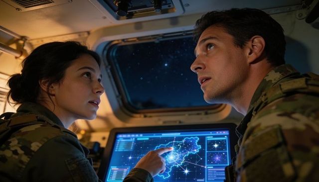 Military crew navigating holographic star map in armored cockpit beneath starfield sky