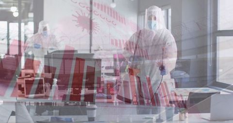 An image showing a sanitation worker wearing protective gear, using a disinfectant wand inside an office. There is a focus on workplace hygiene during the COVID-19 pandemic, emphasizing health and safety in professional environments. The futuristic appearance with computer graphic overlays represents the emphasis on modern sanitization practices. Useful for illustrating articles or presentations on pandemic safety measures, workplace cleanliness, and public health strategies.