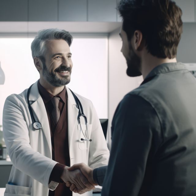 Caucasian male doctor shaking hands with patient, created using generative ai technology. Meeting, conference, consultation, medicine and healthcare concept digitally generated image.