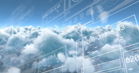 Digital Data Overlay on Cloudscape Illustrating Modern Computing