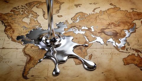 Pouring liquid mercury over antique world map spreading metallic spill across continents