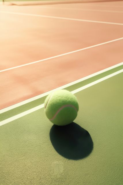 Close-up of a tennis ball resting on a court with sunlight casting a shadow. Perfect for depicting the elements of tennis, concepts of sports, and outdoor recreational scenes. Ideal for promotional materials for tennis events, sports equipment advertisements, or inspiring athletic-themed articles.