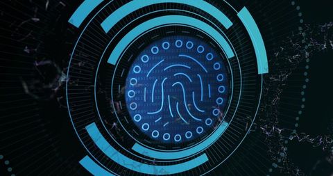 Futuristic Biometric Fingerprint Scanner HUD with Neon Blue Rings and Binary Interface