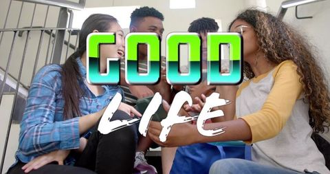 Diverse teens hanging out on school stairs showing good life graphic and laughing together