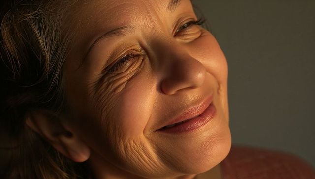 Serene smiling mature woman showing soft wrinkles in warm light closeup portrait