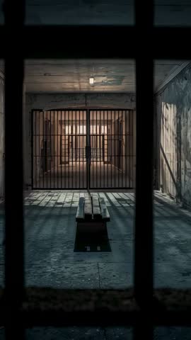 Vertical cinematic footage of empty jail corridor with locked gate and solitary bench