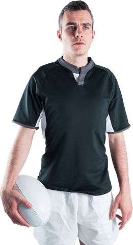 Young Male Rugby Player Holding Ball on Transparent Background