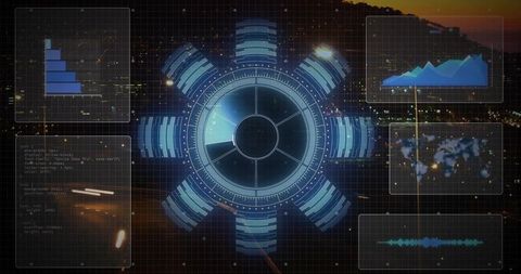 Futuristic hud overlaying neon metropolis night skyline with radial data hub and charts
