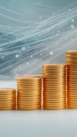 Vertical finance video showing rising gold coin stacks with shimmering blue digital sparkles