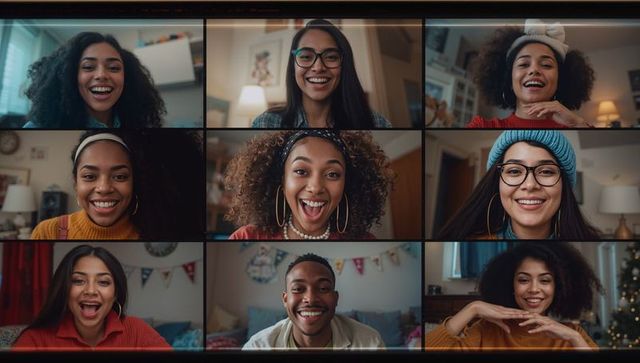 Diverse friends enjoying virtual festive chat from cozy homes