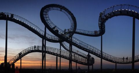 Silhouetted roller coaster with sunset sky backdrop