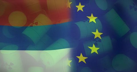 European and dutch flags over nuclear barrels symbolizing political tensions