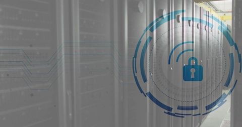 Securing data center infrastructure with digital padlock hud overlay and cybersecurity concept
