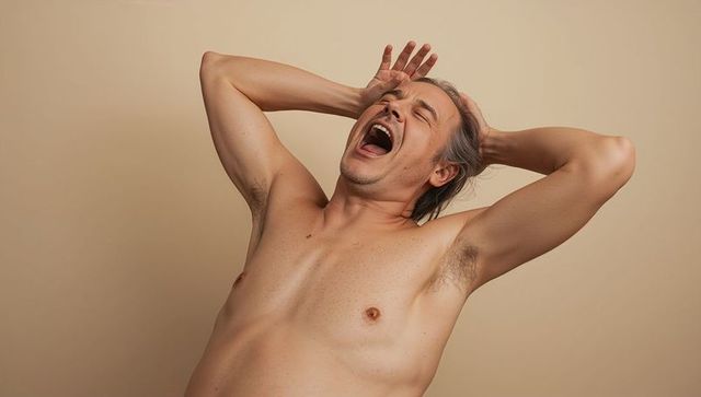 Shirtless middle-aged man stretching and yawning with hands in hair, expressive portrait