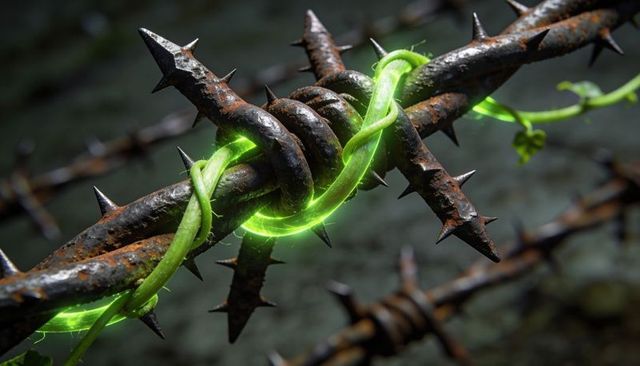 Entwining neon-green vine wrapping rusted barbed wire, glowing contrast of nature and decay