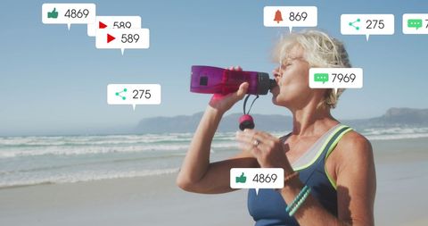 Woman on Beach Drinking Water with Social Media Reactions