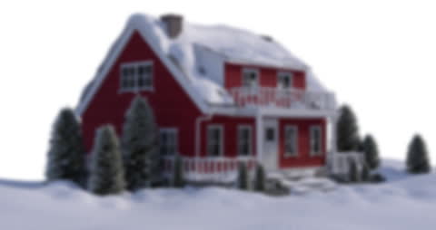 Red House Covered in Snow Surrounded by Pine Trees