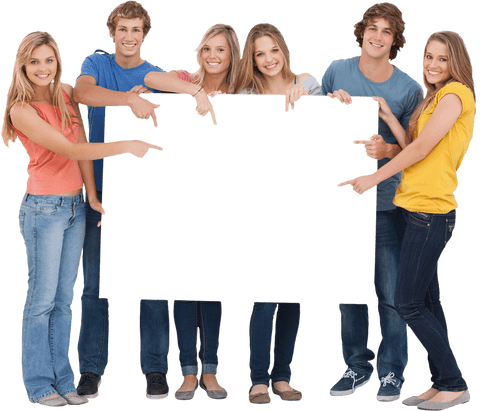 young group pointing at transparent blank banner space - Download Free Stock Videos Pikwizard.com